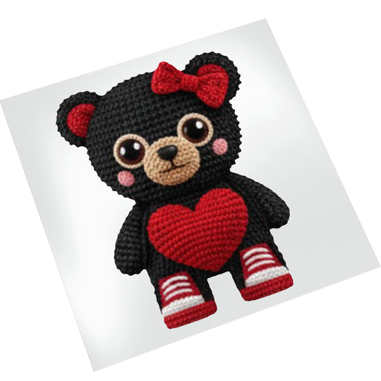 Valentine bear heart DTF transfer on white t-shirt mockup showing knitted texture appearance and red accents