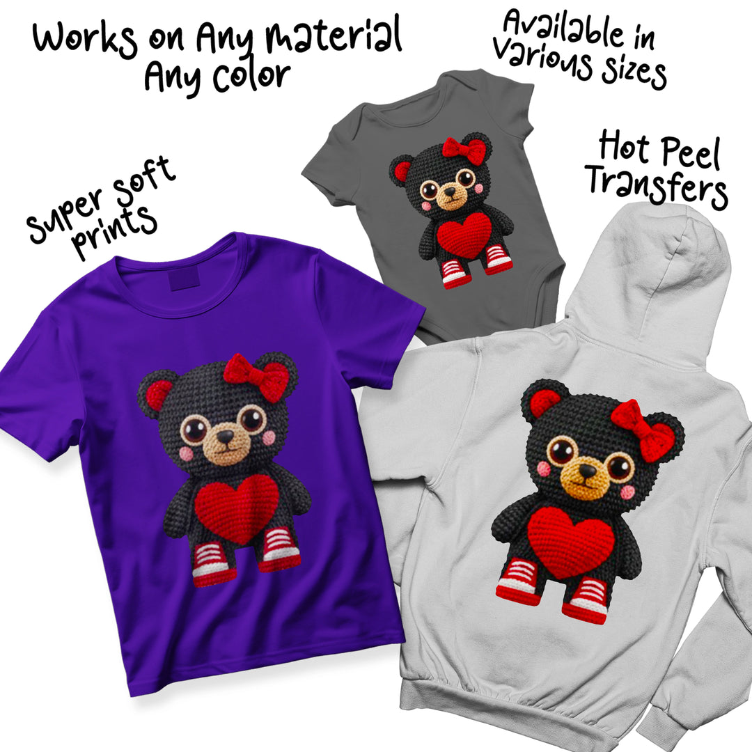 Valentine bear DTF transfer color variations showing different heart and bow color options for customization