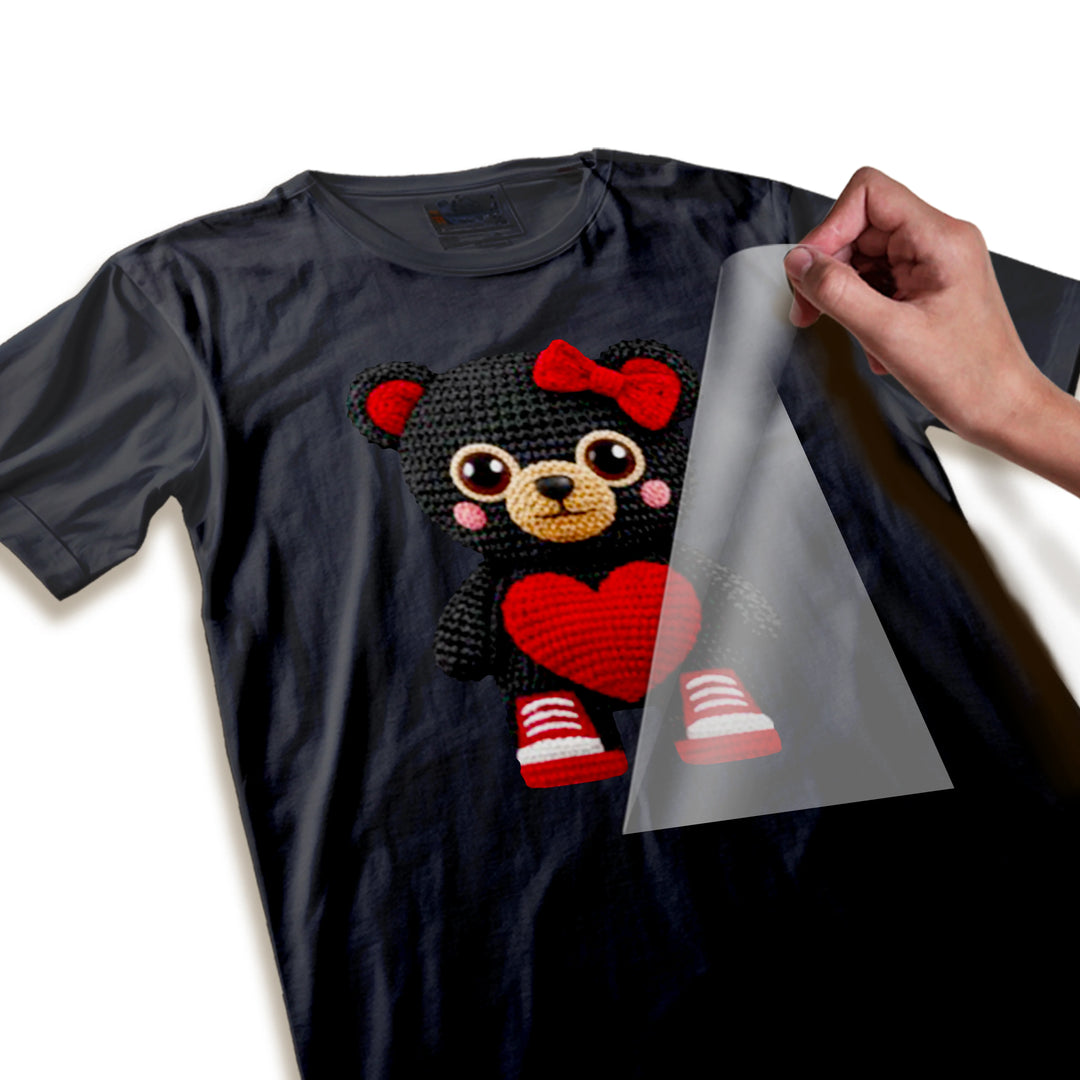 Close-up detail of Valentine bear DTF transfer showing textured knitted appearance and vibrant red heart design