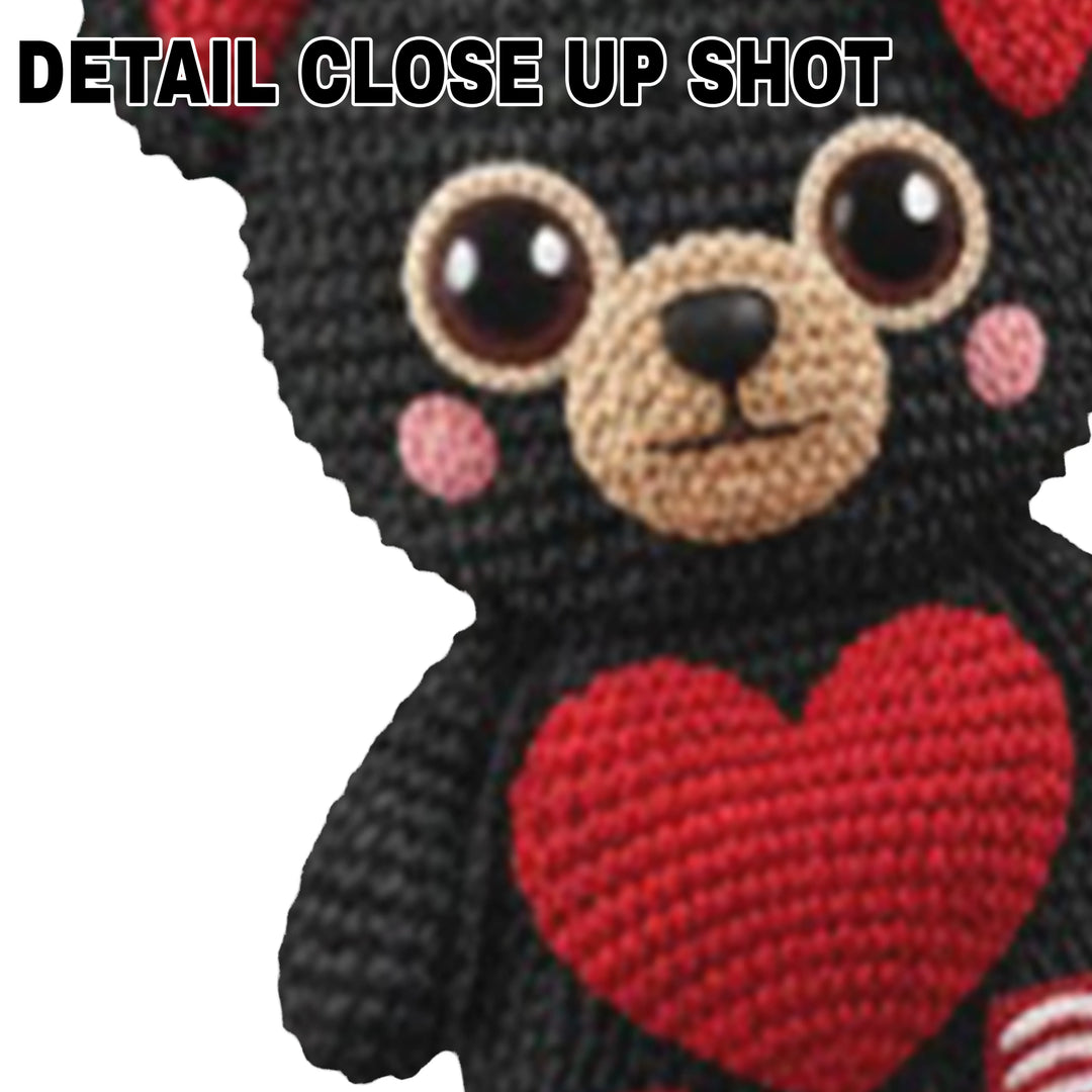 Valentine DTF transfer design featuring cute black bear with red heart on chest, red bow, and striped socks on white background