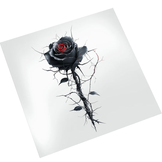 Valentine gothic black rose DTF transfer design displayed on white background showing intricate thorn details