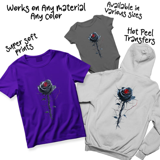 Dark romance black rose DTF transfer variations showing different color options and sizing