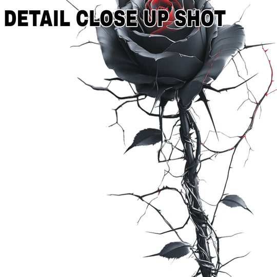 Gothic black rose DTF transfer with thorny stem and red center accent on transparent background