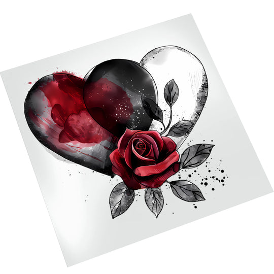 Valentine grunge hearts and rose DTF transfer displayed on clean white background showing artistic paint splash details and dimensional heart design