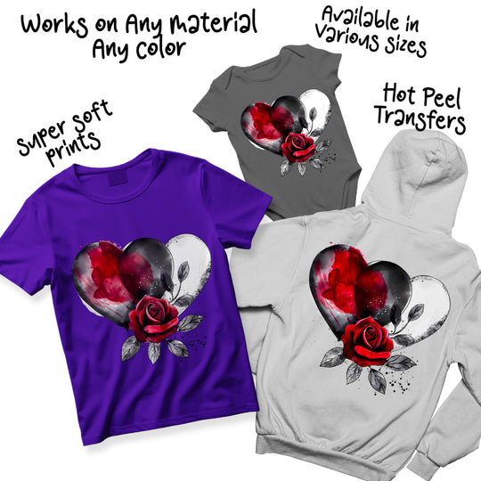 Multi-color variation of grunge Valentine hearts DTF transfer showing different colorway options for the watercolor heart and rose design
