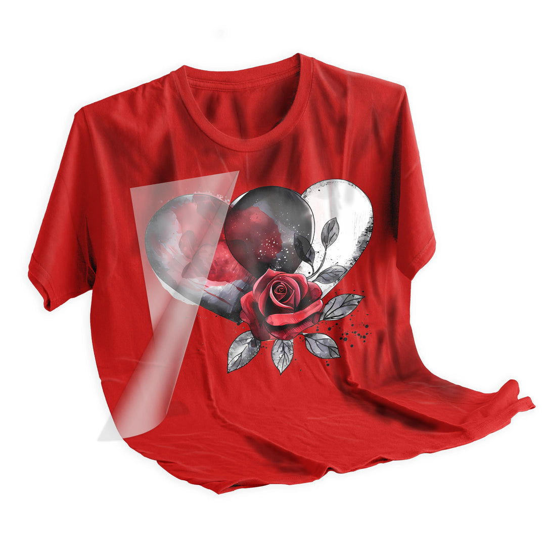 Valentine grunge hearts DTF transfer applied to dark colored t-shirt showing vibrant red and black colors and detailed rose artwork
