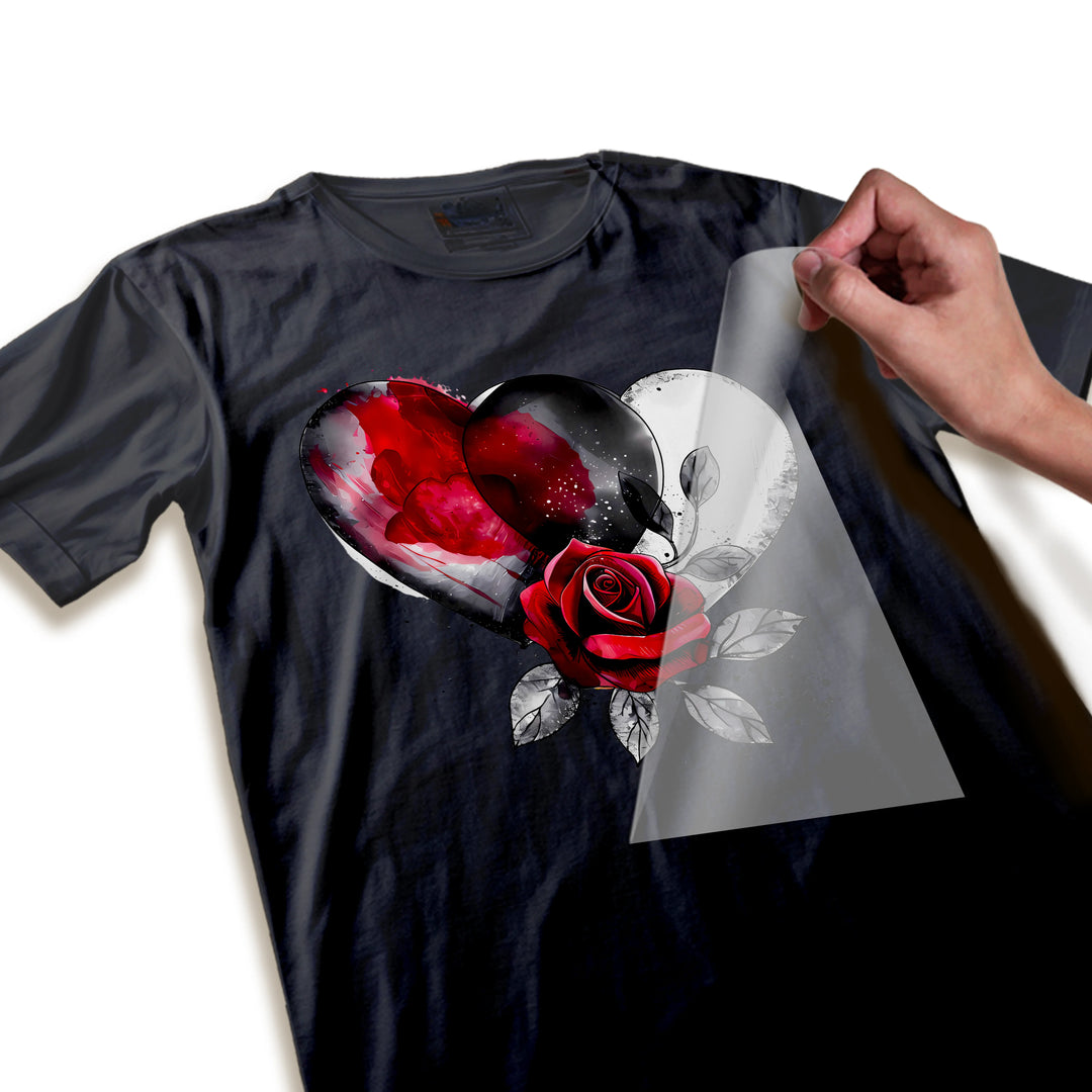 Close-up detail of Valentine grunge DTF transfer showing textural watercolor paint effects, rose petals, and artistic splatter elements