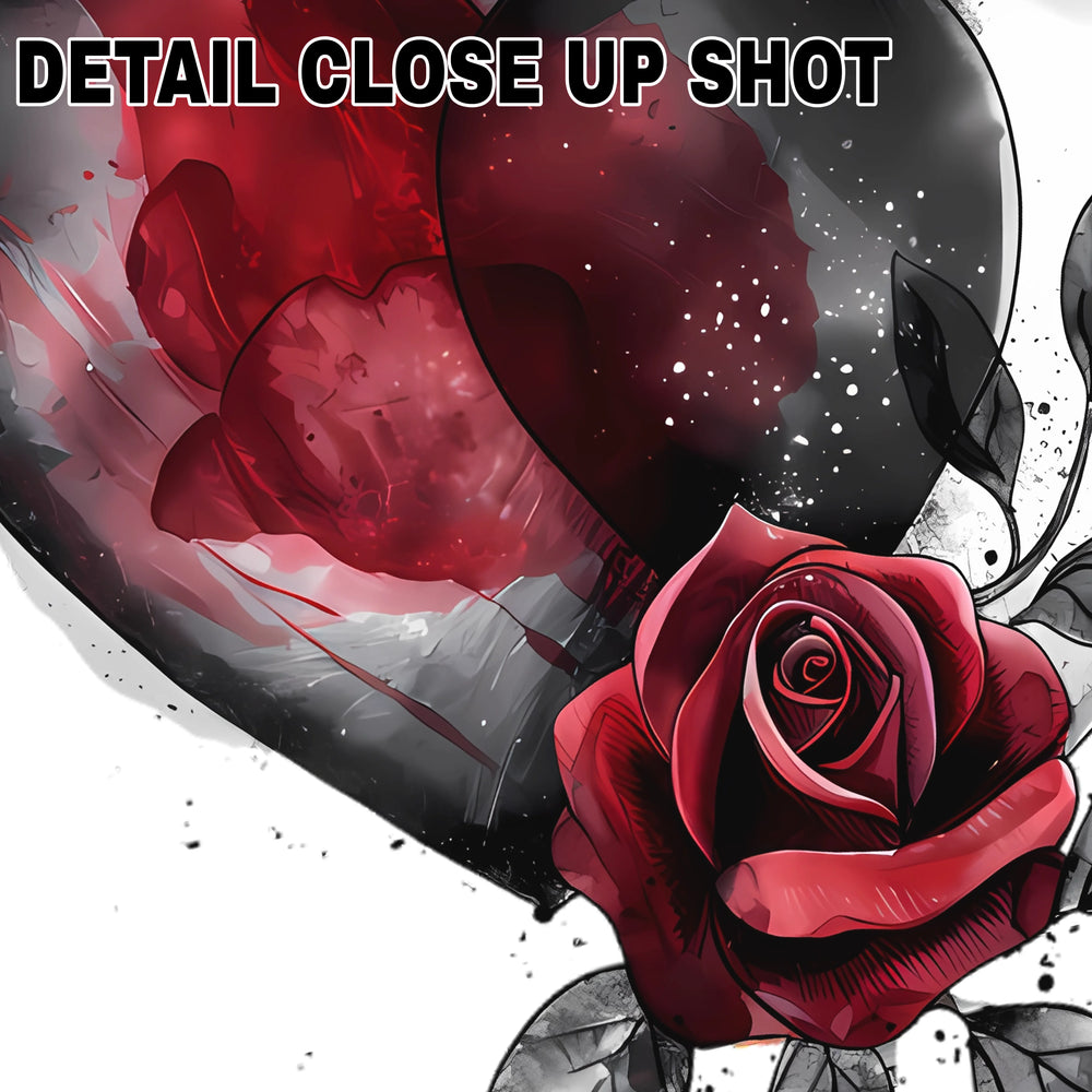 Grunge style Valentine DTF transfer featuring watercolor painted hearts in red and black with splatter effects and detailed red rose with gray leaves