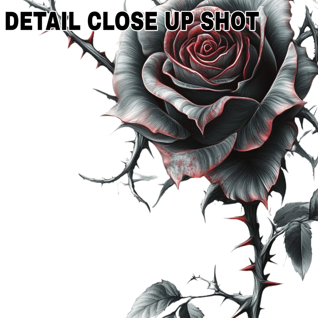 Gothic Valentine rose DTF transfer design featuring red rose with thorny black vines on white background