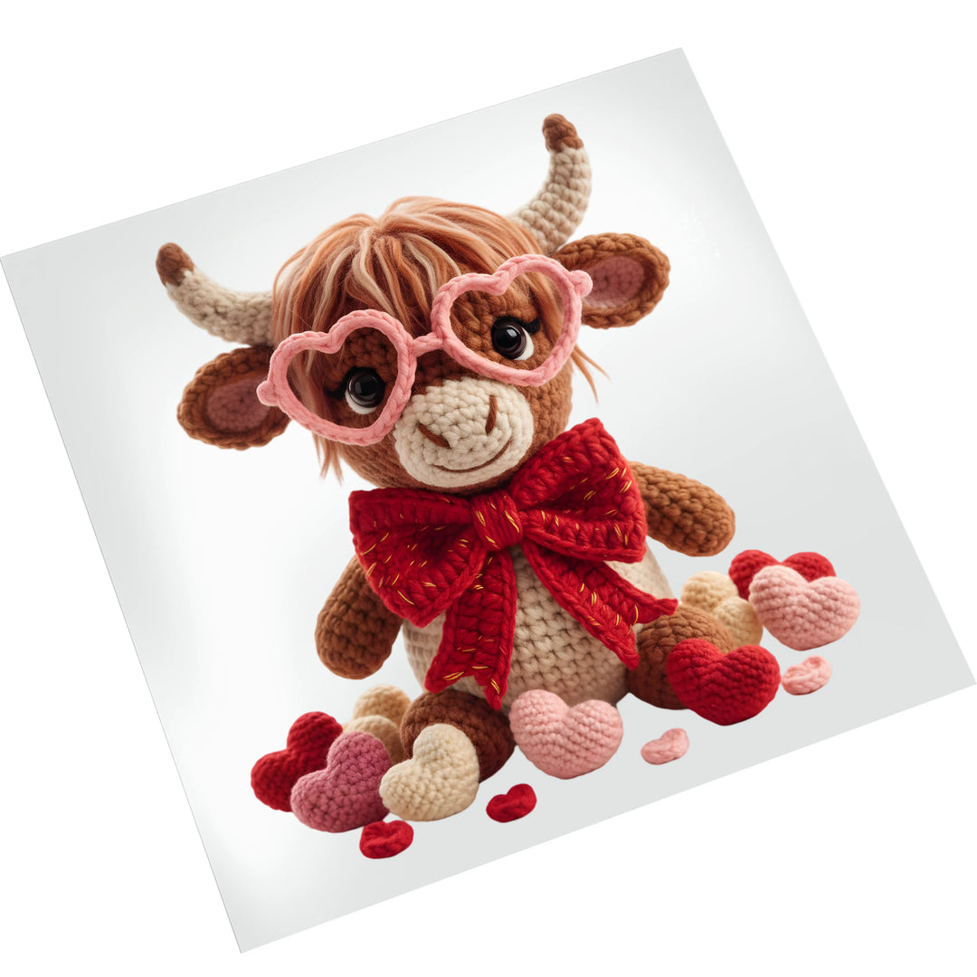 Highland cow Valentine DTF transfer design mockup showing crocheted texture appearance with heart glasses and romantic hearts scattered around