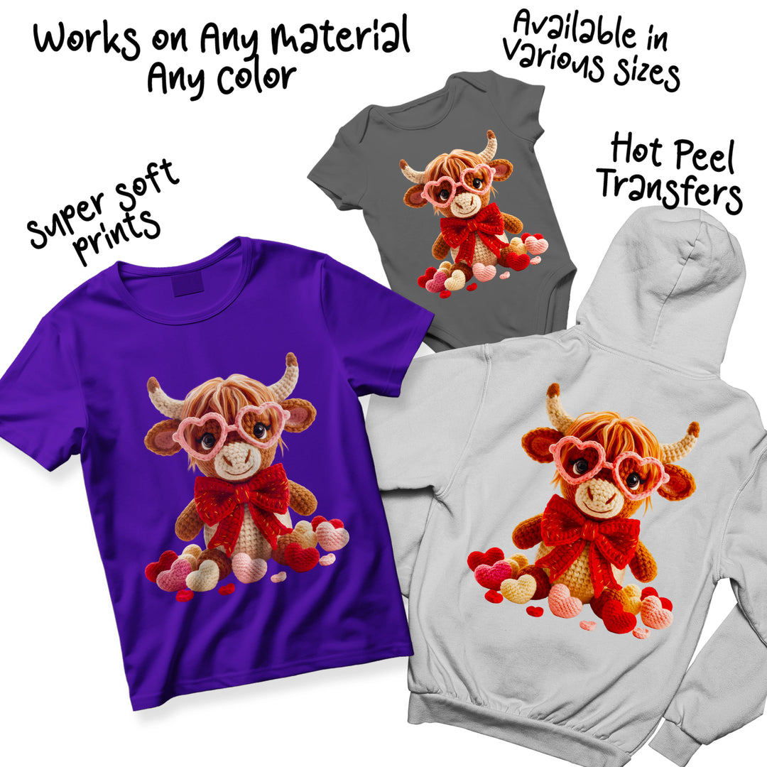Valentine highland cow heat transfer in multiple color variations showing different heart and bow color options for custom apparel