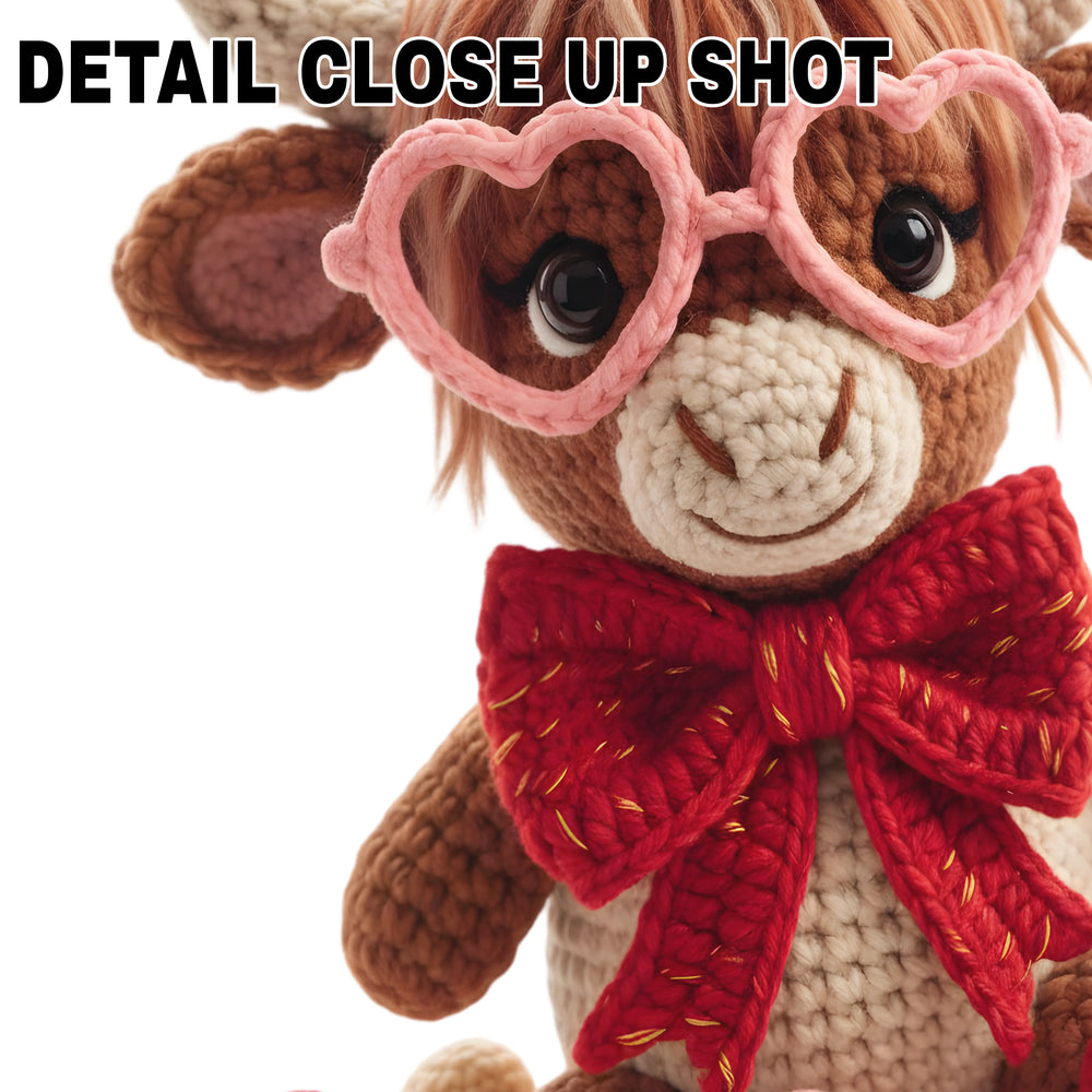 Valentine's Day highland cow DTF transfer with pink heart-shaped glasses, orange hair, red bow, and scattered hearts on white background