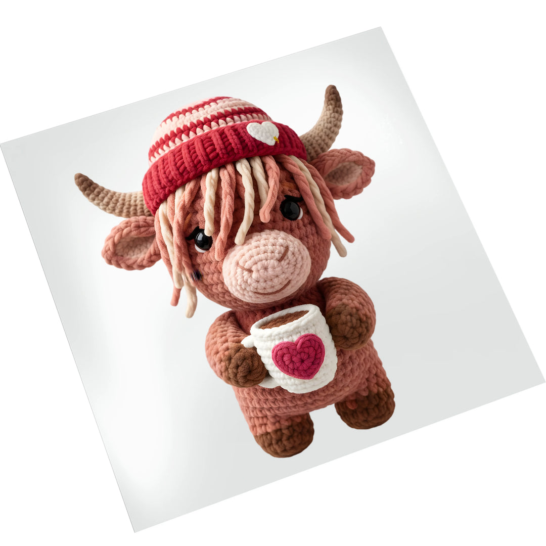 Highland cow Valentine DTF transfer on white background showing textured crochet beanie and heart coffee cup design details