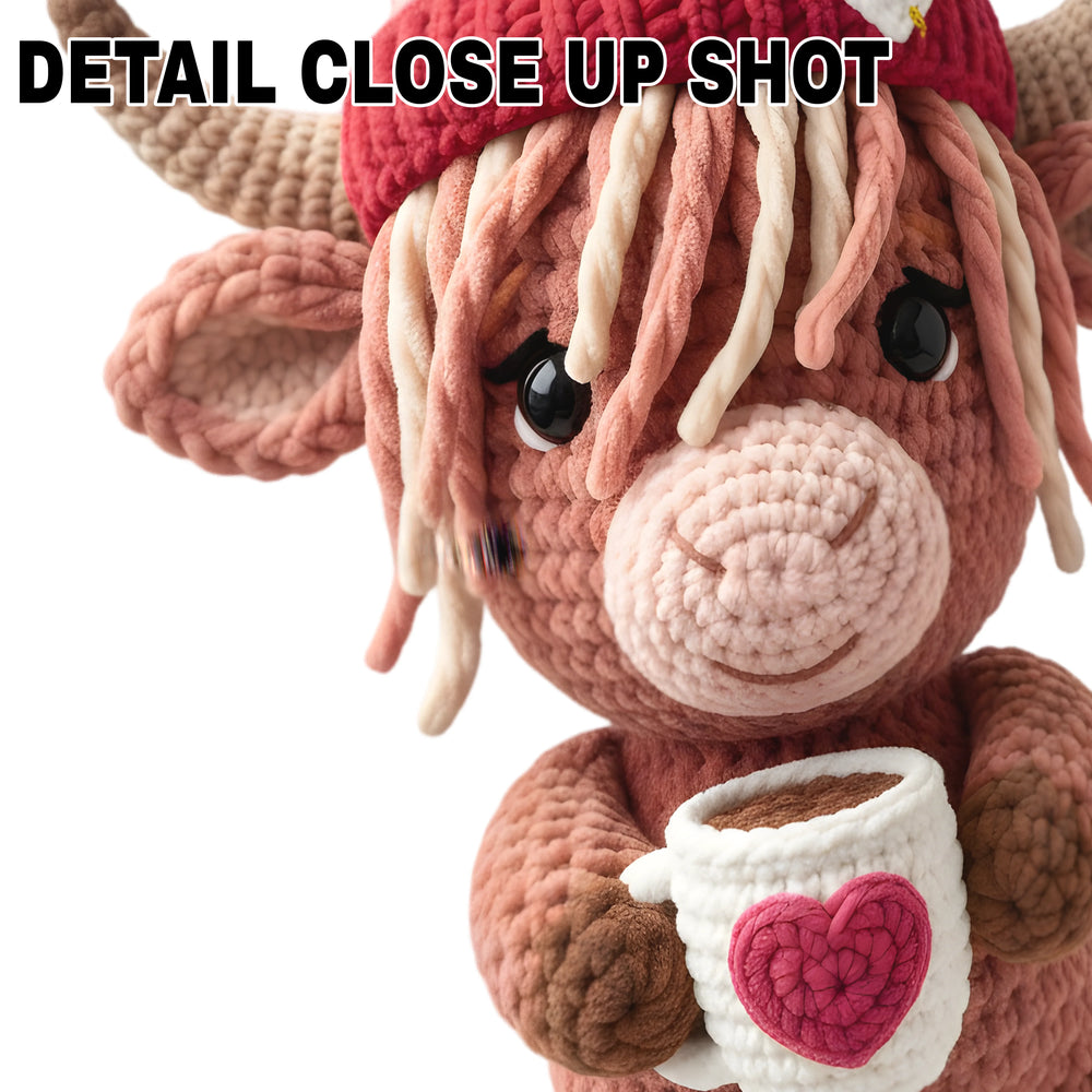 Valentine highland cow DTF transfer design featuring adorable cow with red crochet beanie holding coffee cup with heart detail