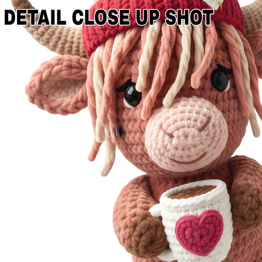 Valentine highland cow DTF transfer design featuring adorable cow with red crochet beanie holding coffee cup with heart detail