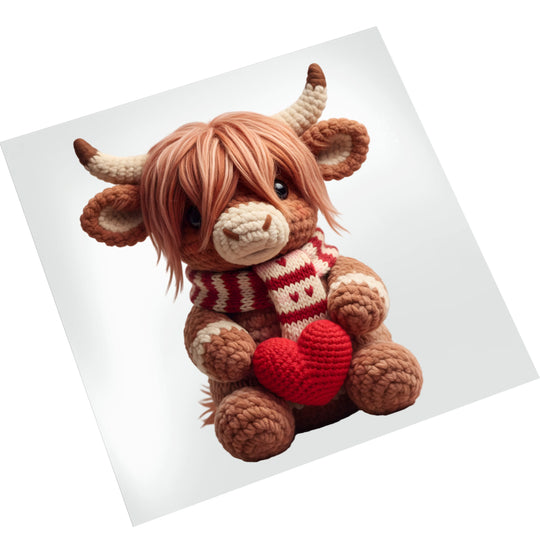 Valentine Highland cow DTF transfer on white background showing detailed yarn texture, cozy scarf, and dimensional heart design