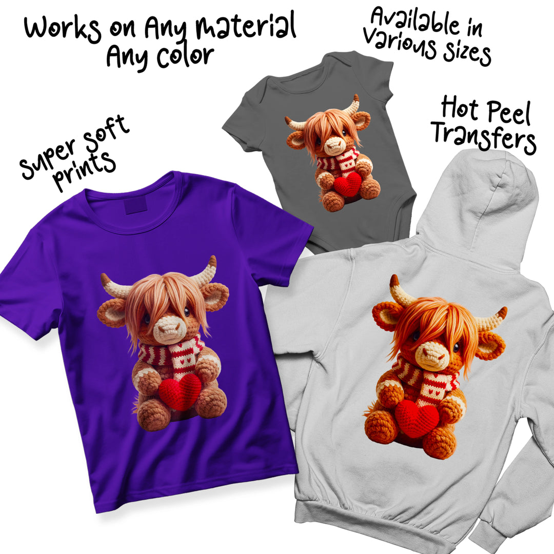 Highland cow Valentine DTF transfer color variations showing different background options and heart color choices for custom apparel
