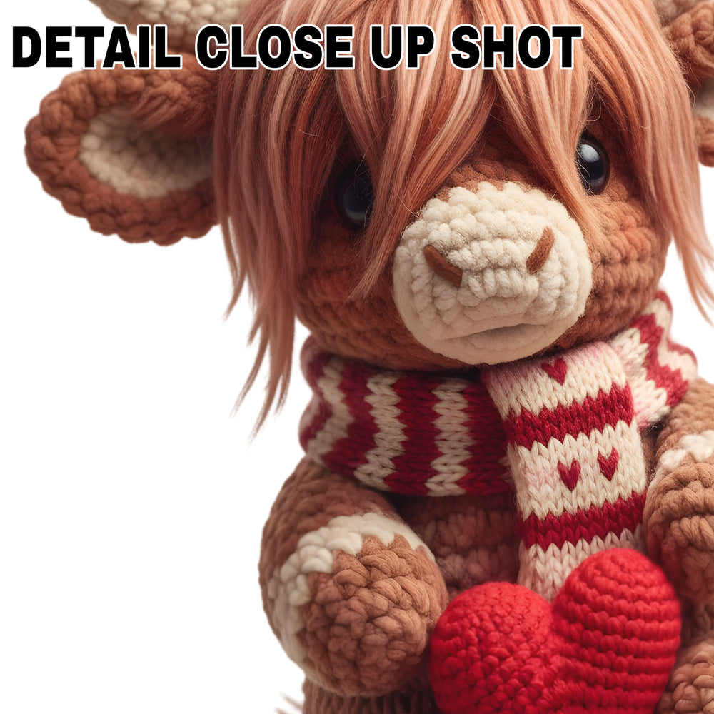 Highland cow DTF transfer design with long wavy hair, horns, red striped scarf and crocheted red heart for Valentine's Day shirts