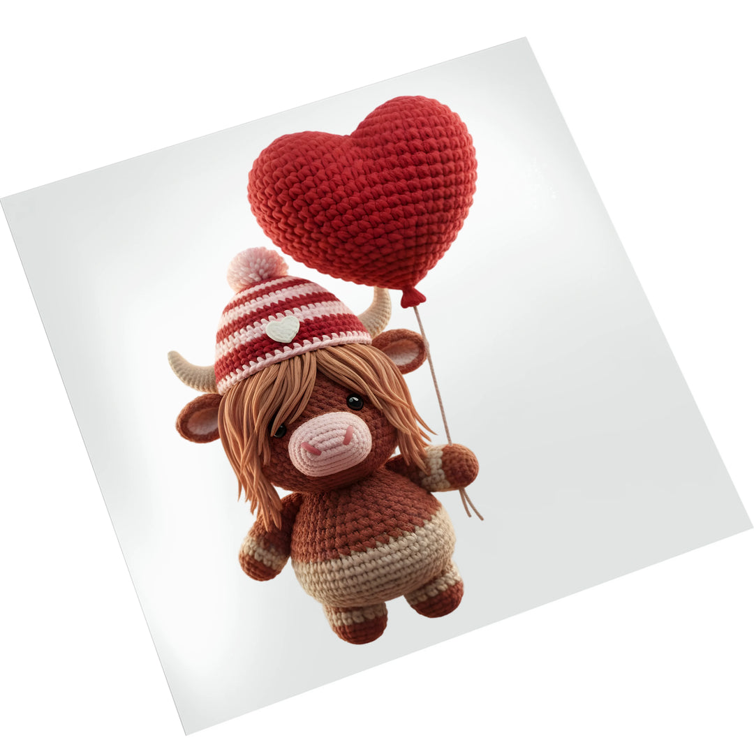 Highland cow Valentine DTF transfer on white background showing detailed yarn texture beanie and heart balloon ready to press design