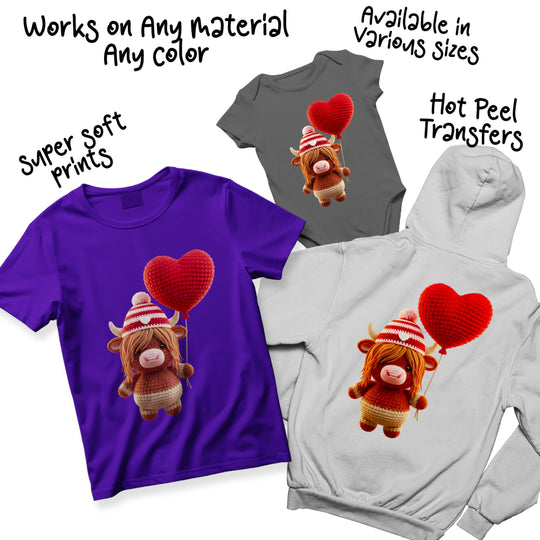 Valentine highland cow DTF transfer color variations showing different beanie stripe patterns and heart balloon color options