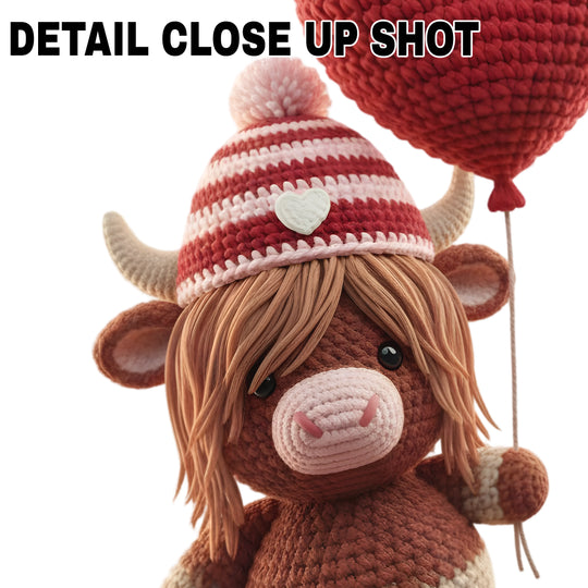 Valentine DTF transfer design featuring cute highland cow with brown fur wearing red and white striped beanie holding red heart balloon