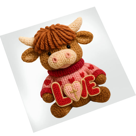 Highland cow Valentine DTF transfer on white t-shirt mockup showing cute cow with red sweater and dimensional LOVE text