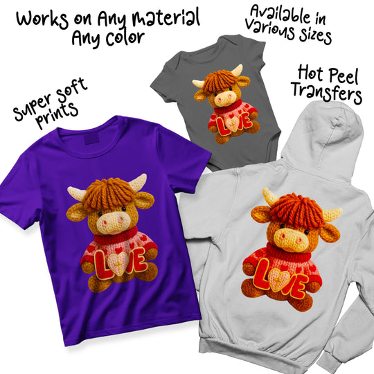 Multiple color variations of Highland cow Valentine DTF transfer showing different sweater colors and LOVE lettering options