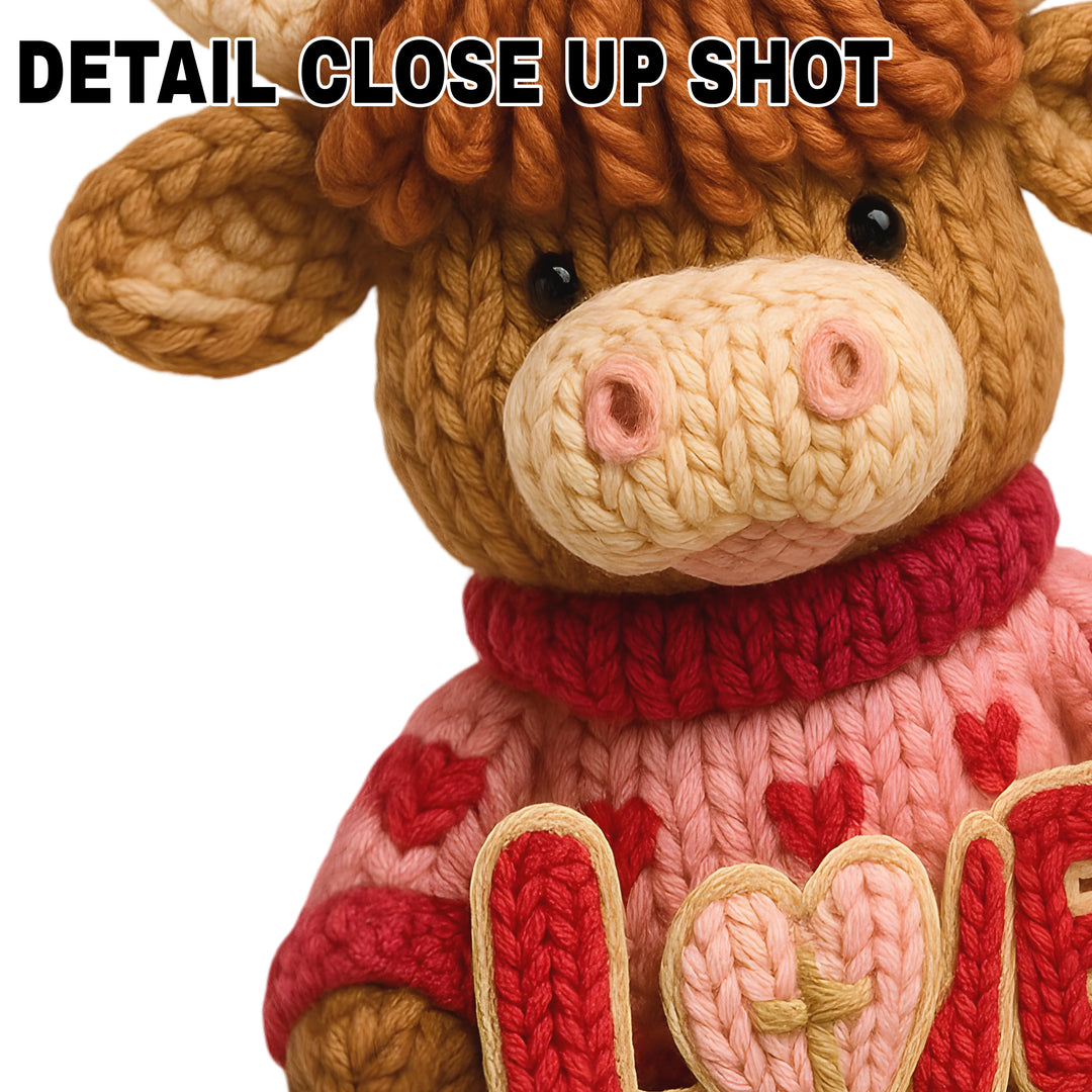 Valentine Highland cow DTF transfer design with chunky yarn texture wearing red striped sweater and LOVE lettering on white background