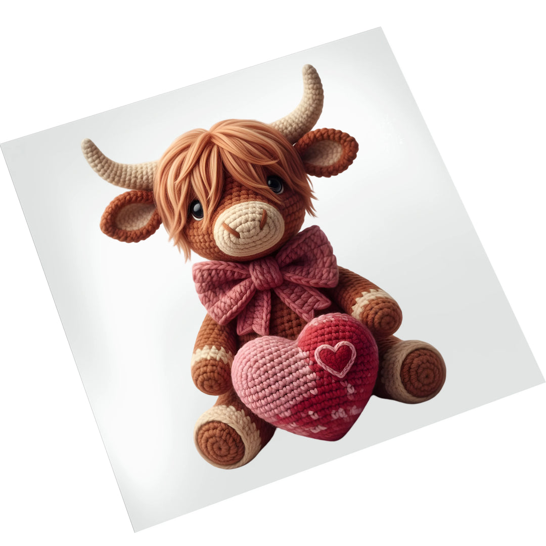 Highland cow DTF transfer on white background showing knitted texture details and Valentine's heart design