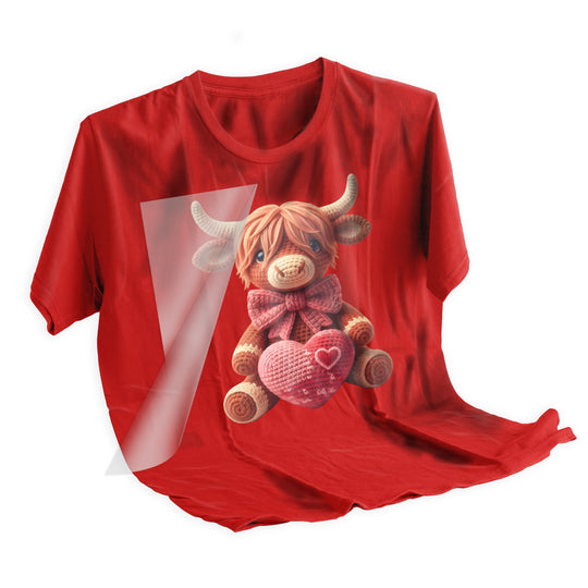 Highland cow Valentine DTF transfer applied to pink t-shirt showing yarn texture effect
