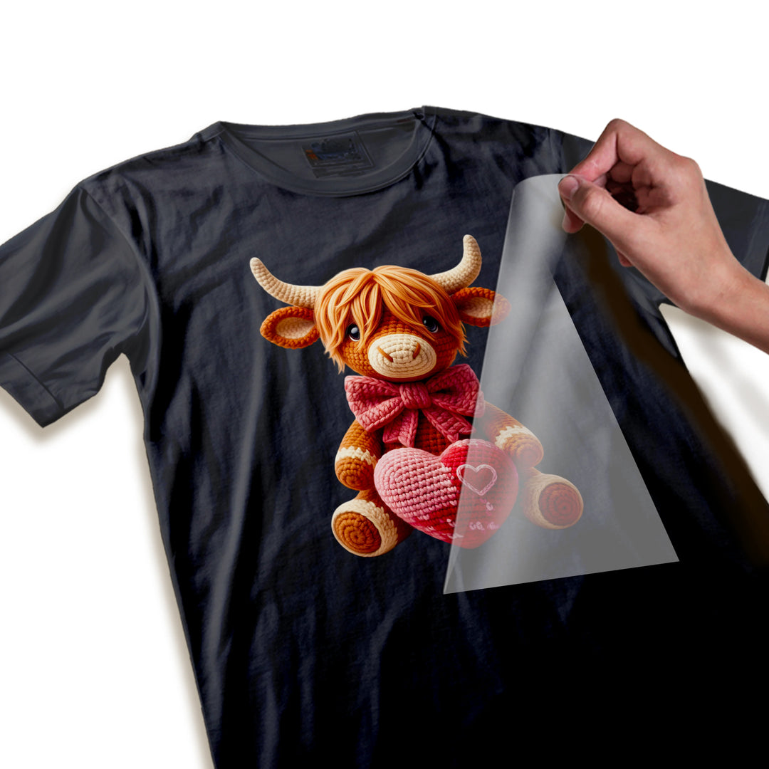 Close-up detail of highland cow DTF transfer showing realistic knitted fur texture and dimensional heart