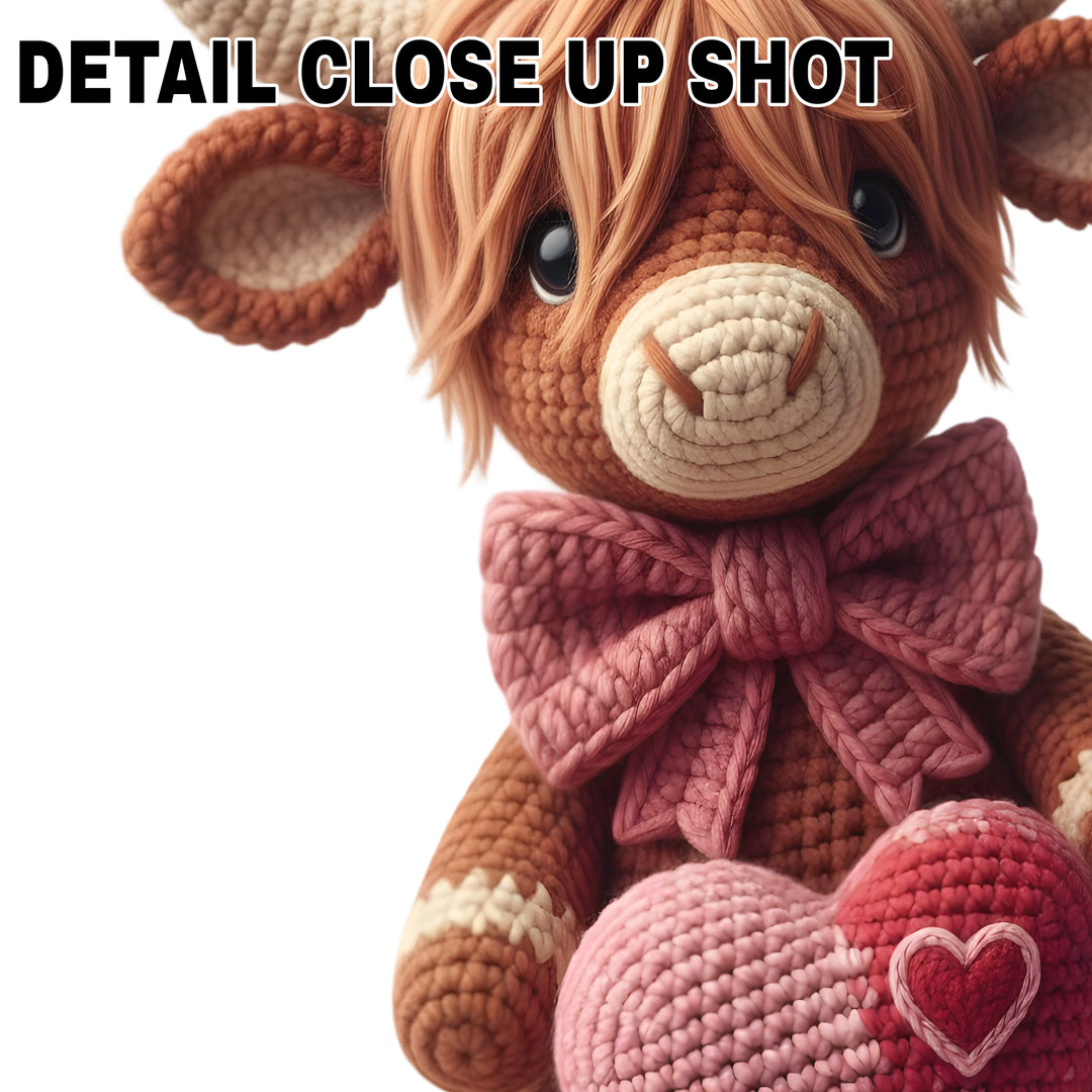 Valentine's Day highland cow DTF transfer with yarn texture, orange fur, pink bow, holding pink ombre heart
