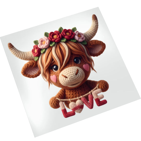 Highland cow Valentine heat transfer with yarn-textured appearance, floral crown in red and pink roses, and knitted love letters on clean white backdrop