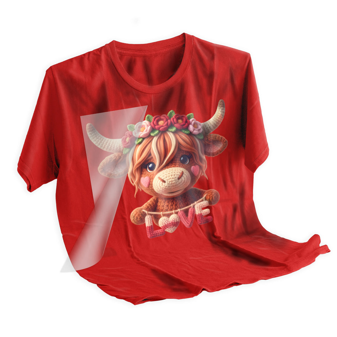 Applied Valentine highland cow DTF transfer on dark fabric showing soft hand feel and vibrant color reproduction after heat pressing