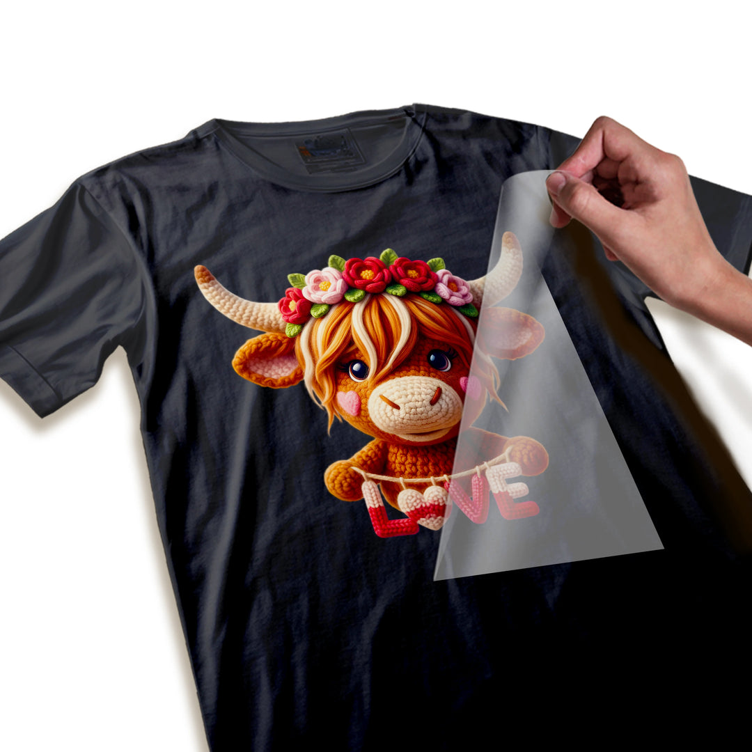 Close-up detail of highland cow DTF transfer showing textured yarn-like appearance, dimensional flower petals, and smooth transfer film quality