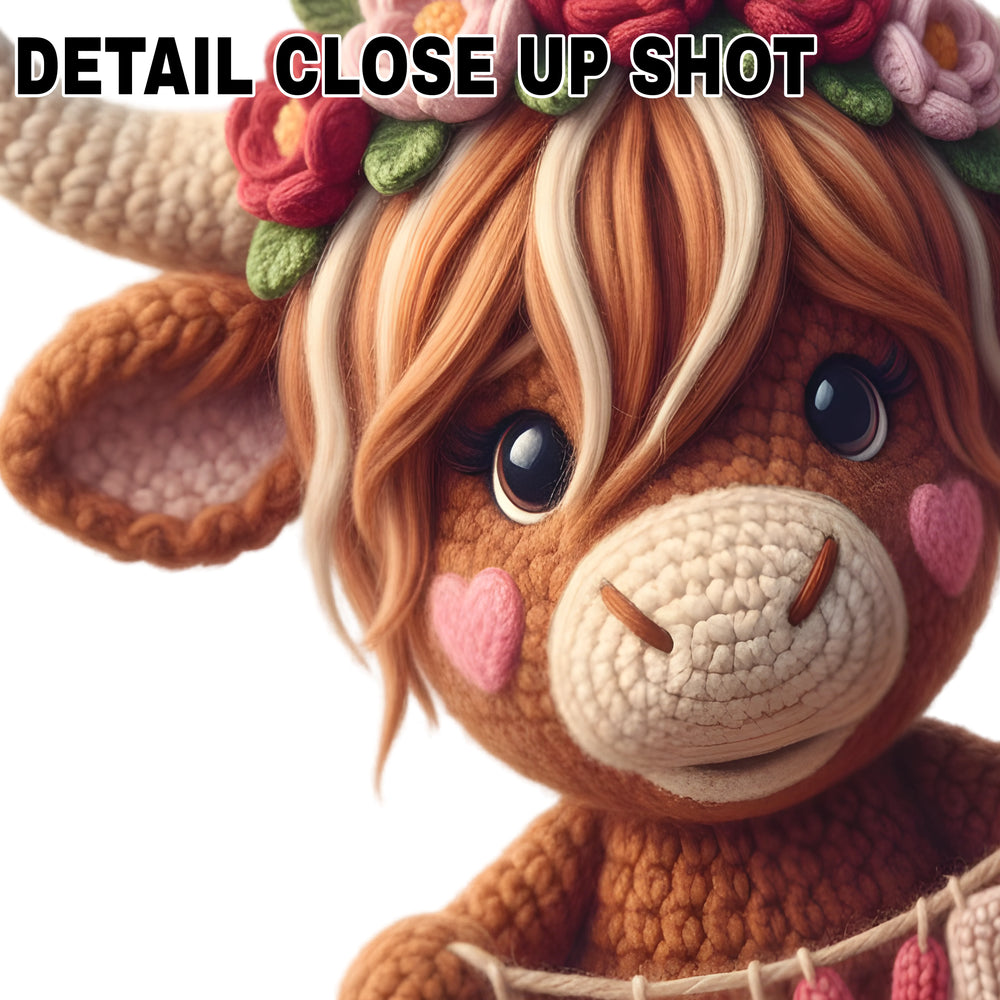 Valentine DTF transfer design featuring brown highland cow with blonde hair, colorful flower crown, and red love banner on white background