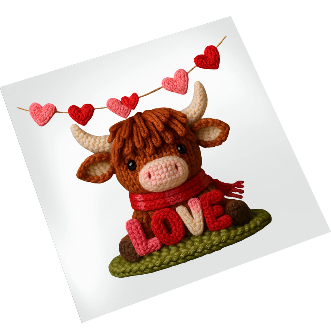 Highland cow Valentine DTF transfer with knitted appearance displaying dimensional cow character with hearts and LOVE text ready for heat press application