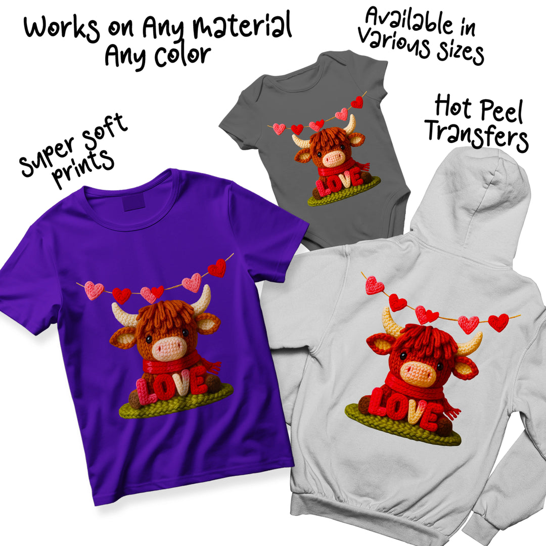 Multi-color highland cow Valentine DTF design featuring textured brown cow, pink nose, red and pink hearts, and colorful LOVE letters with yarn-like finish