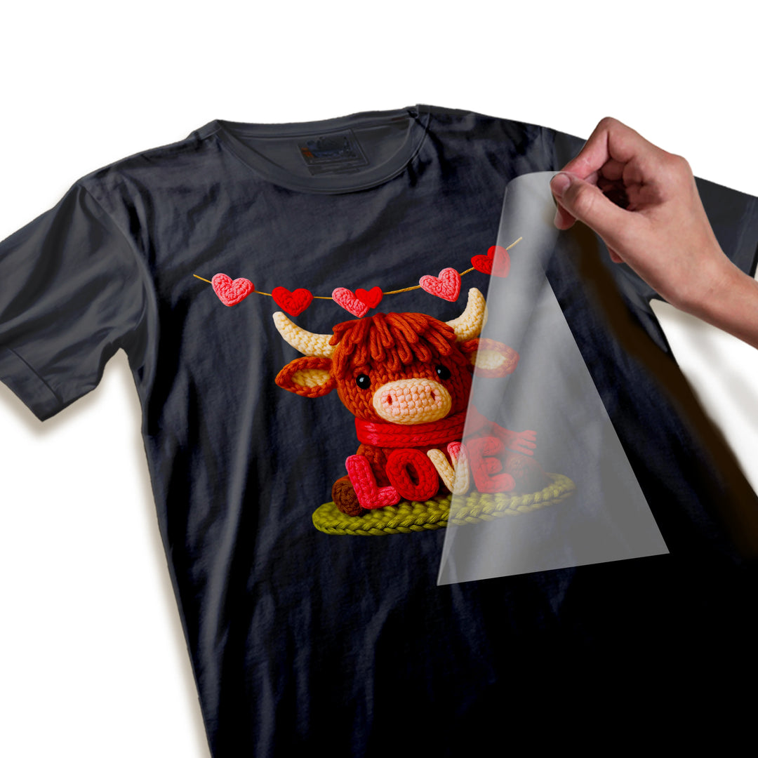 Close-up detail of highland cow DTF transfer showing intricate knitted texture, dimensional appearance, and fine stitching details in the design