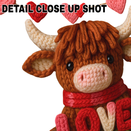 Valentine's Day DTF transfer showing brown highland cow with yarn texture holding LOVE letters under pink and red heart garland on white background