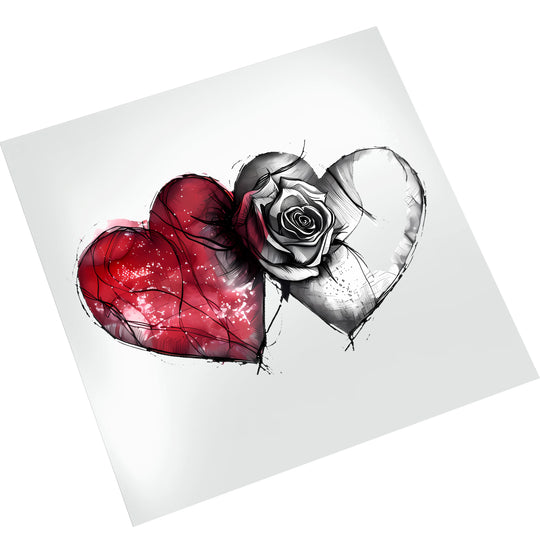 Valentine red and white hearts with rose DTF transfer displayed on clean white background showing print quality and colors