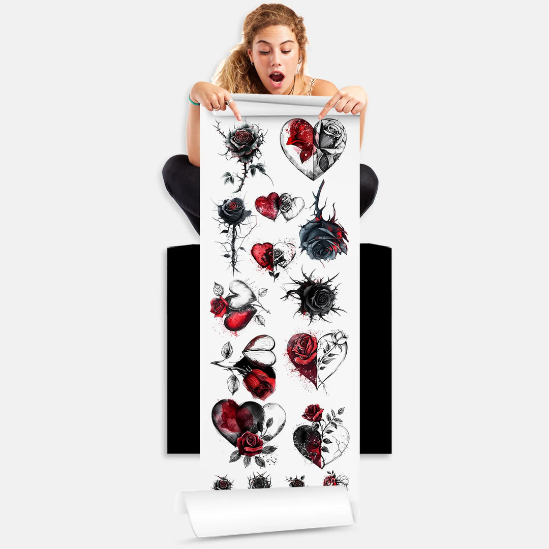 Person holding Valentine's DTF transfer gang sheet with 16 roses and hearts designs ready to press on clothing