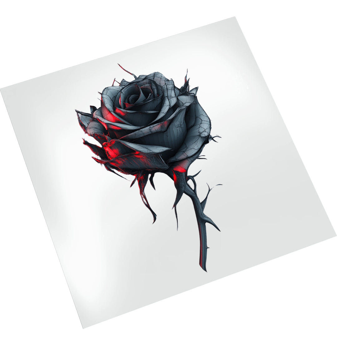 Valentine gothic black rose ready to press DTF transfer displayed on white background showing full design detail