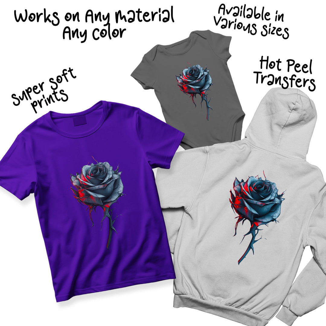 Gothic black rose DTF transfer showing color variations and sizing options for Valentine's Day apparel