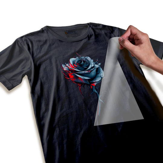 Close-up detail of gothic black rose DTF transfer showing texture quality and red accent details