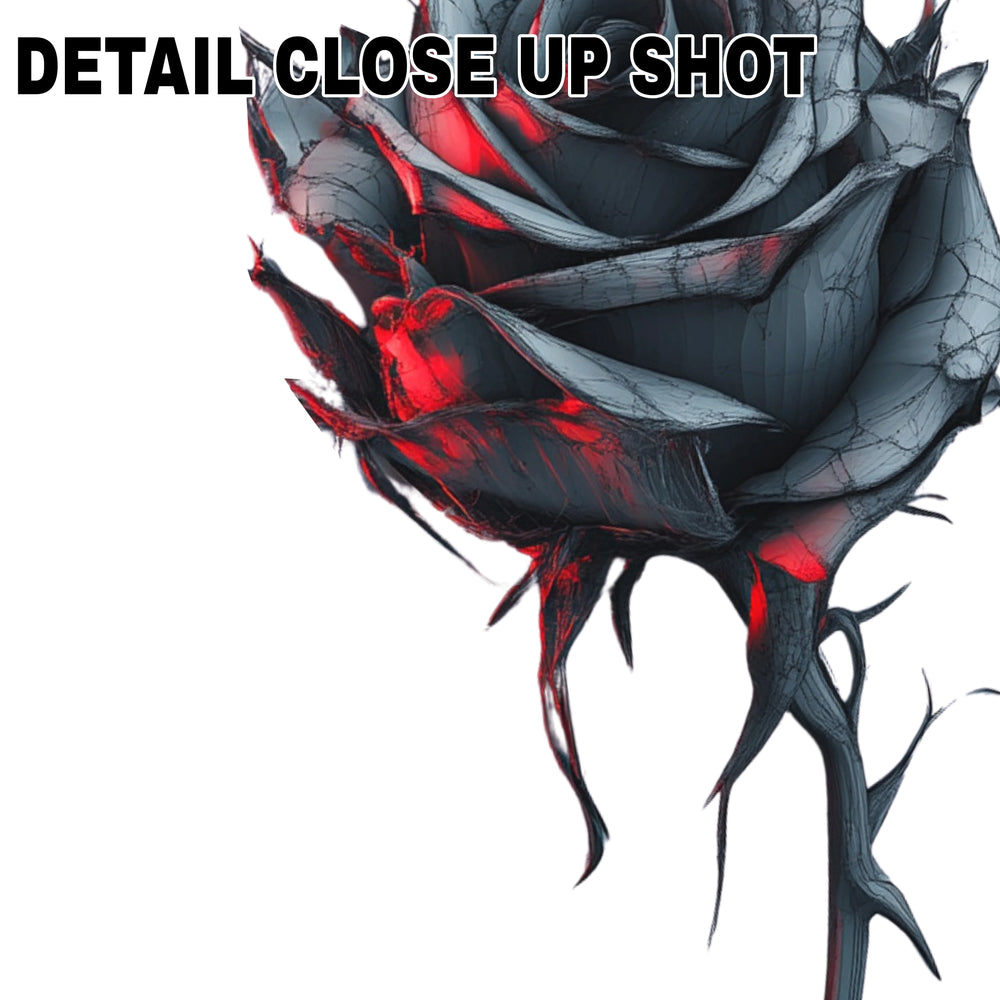Gothic black rose DTF transfer design with dramatic red accents and thorny stem on transparent background