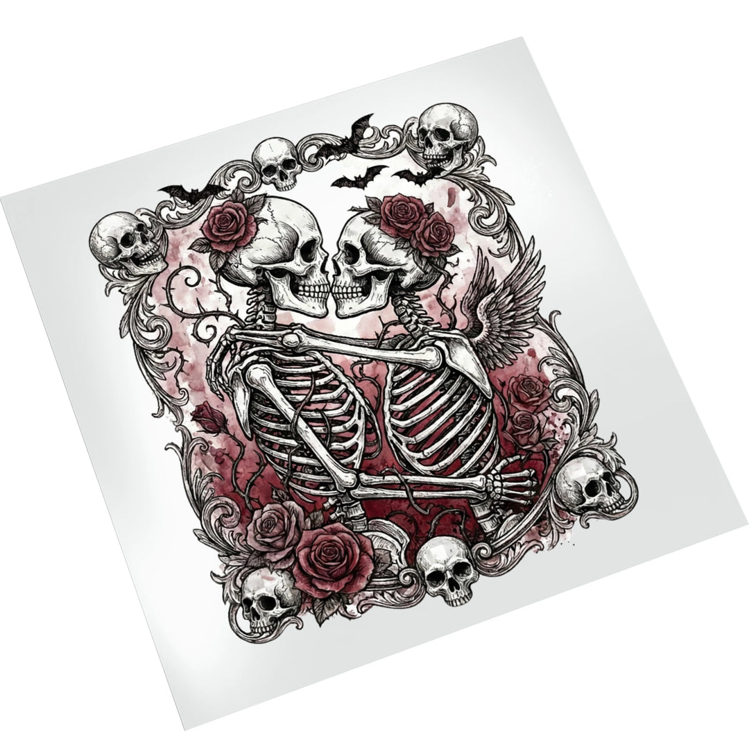 Valentine skull roses DTF transfer displayed on white background showing detailed gothic ornamental design with wing elements