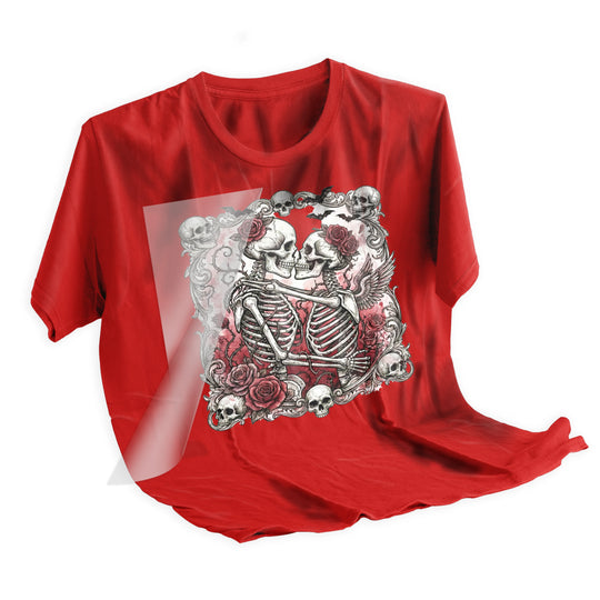 Valentine gothic romance DTF transfer heat pressed onto dark t-shirt showing vibrant skull and roses design application