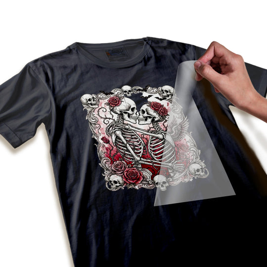 Close-up detail shot of Valentine skull roses DTF transfer showing intricate Victorian scrollwork and rose textures