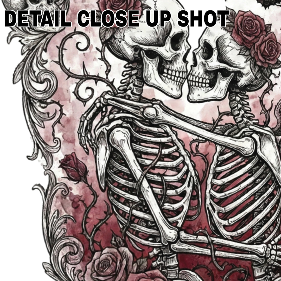 Valentine gothic romance DTF transfer design featuring ornate skulls with burgundy roses and Victorian scrollwork on transparent background